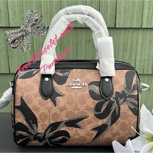 Coach Rowan Satchel Bag Crossbody In Signature Canvas With Bow Print Purse